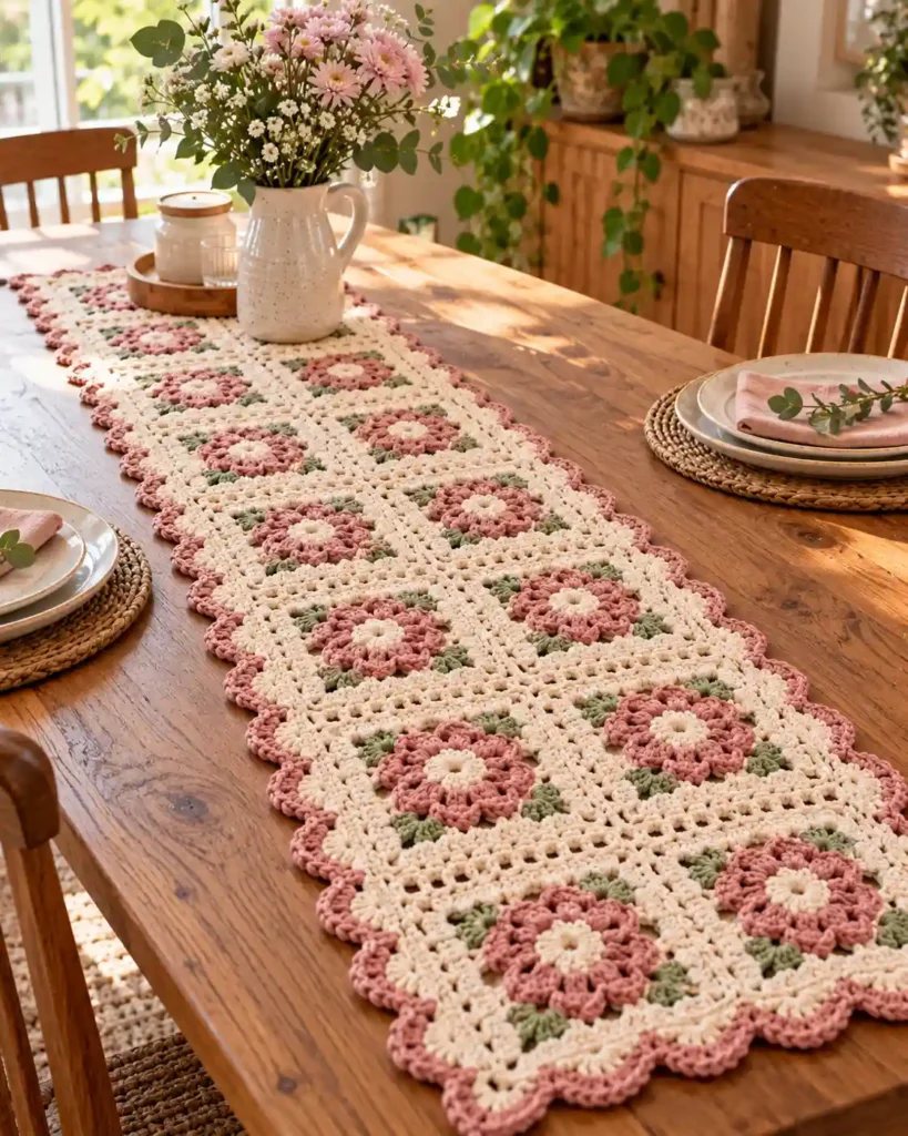 handmade granny square crochet table runner