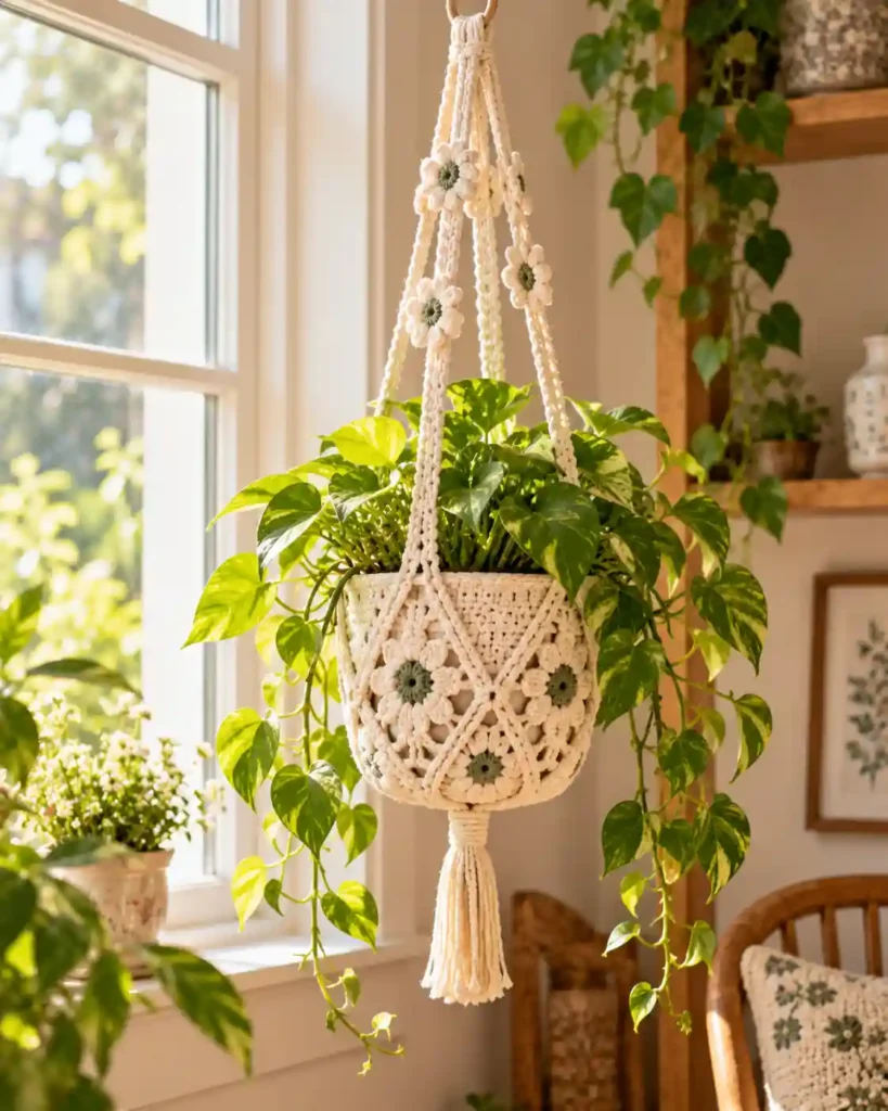 crochet hanging plant basket handmade home decor