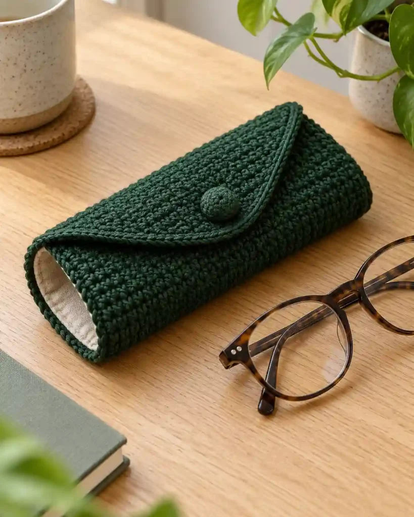 Soft-lined crochet eyeglasses case and reading glasses as a useful handmade gift for grandpa