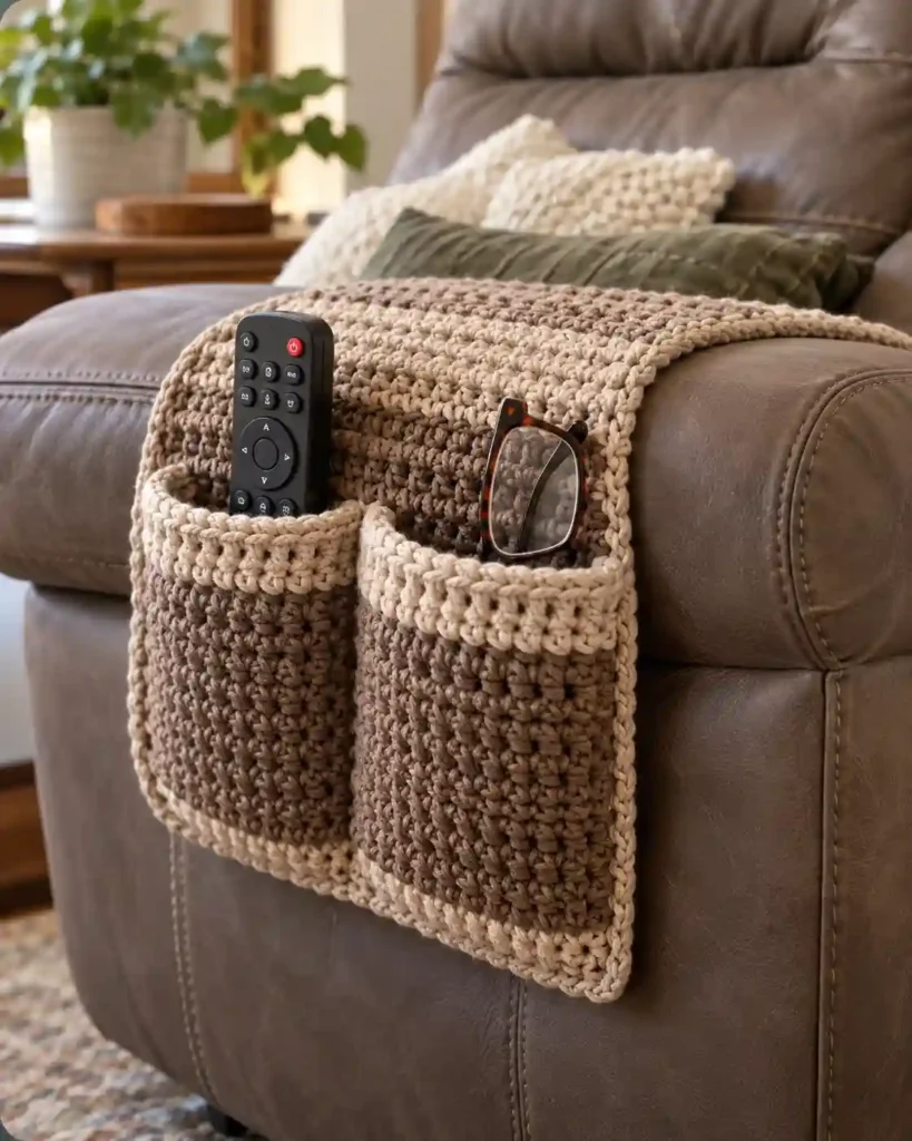 Crochet remote organizer attached to a recliner with useful pockets for grandpa