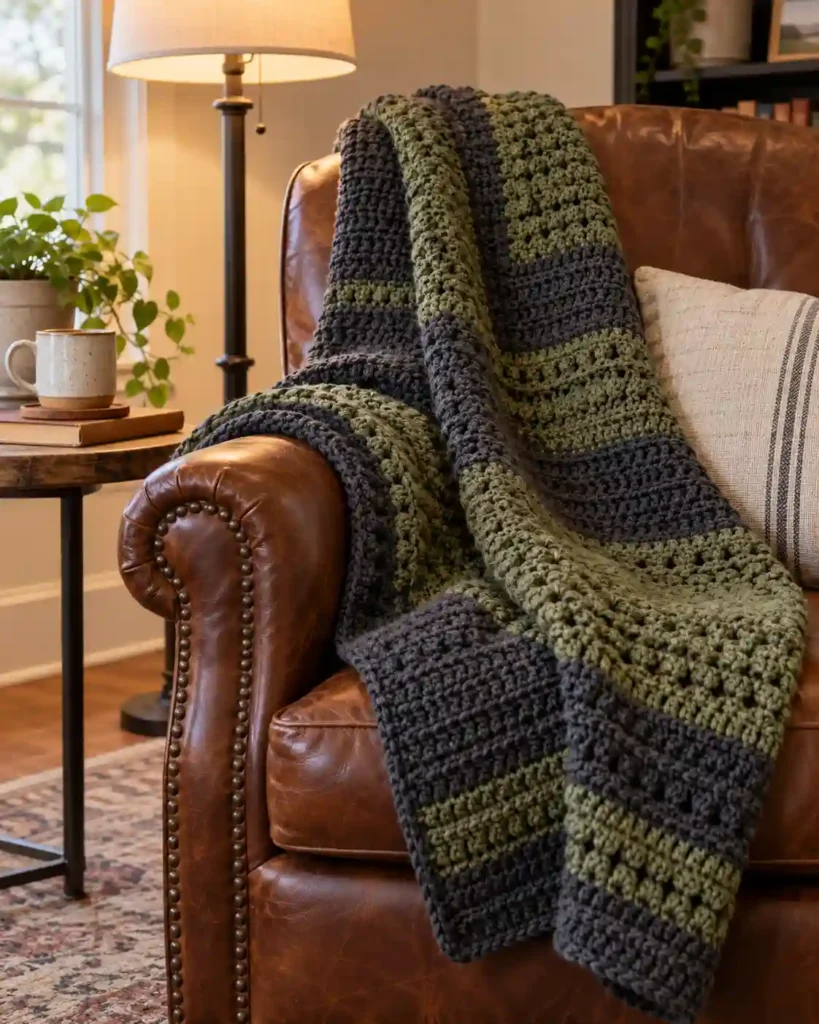 Textured crochet lap blanket draped on a reading chair as a cozy gift for grandpa