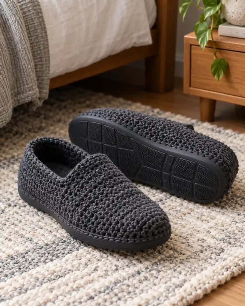 Pair of grippy crochet slippers for grandpa showing a practical non-slip sole