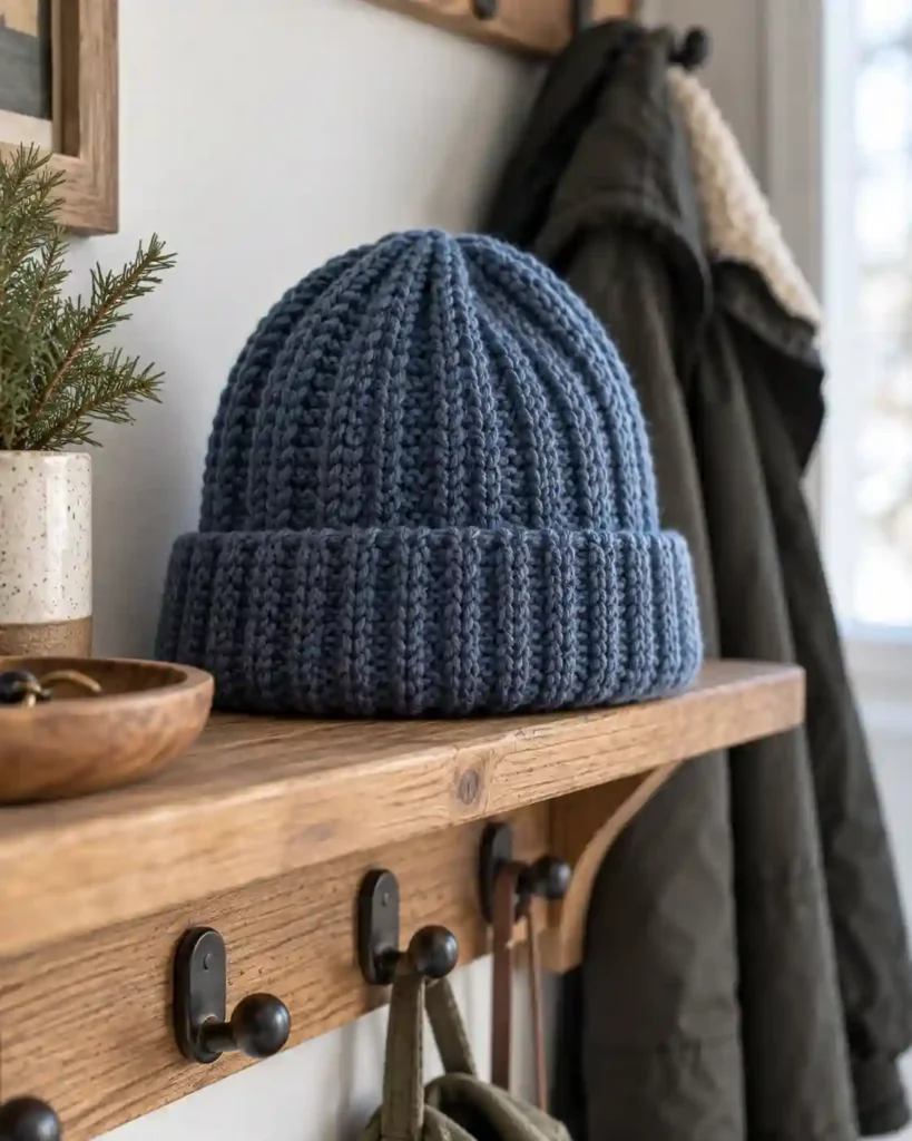 Classic ribbed crochet beanie in slate blue for grandpa’s winter wardrobe