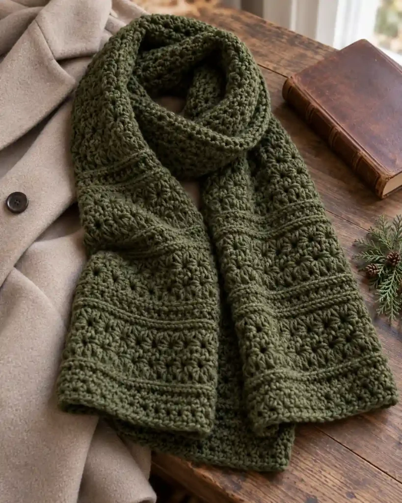 Soft olive green men’s crochet scarf styled as a timeless handmade present for grandpa