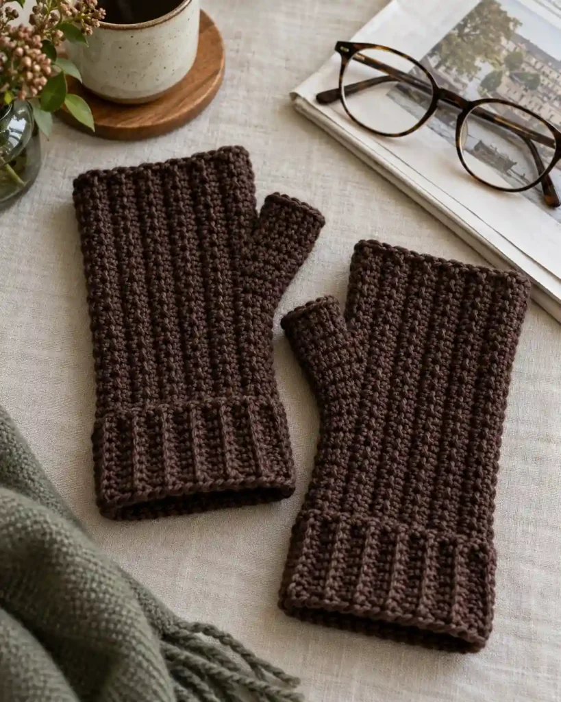 Pair of crocheted fingerless mitts with thumb openings made for grandpa