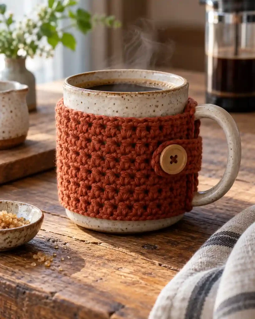 Button-closure crochet coffee mug cozy as a small handmade gift for grandpa