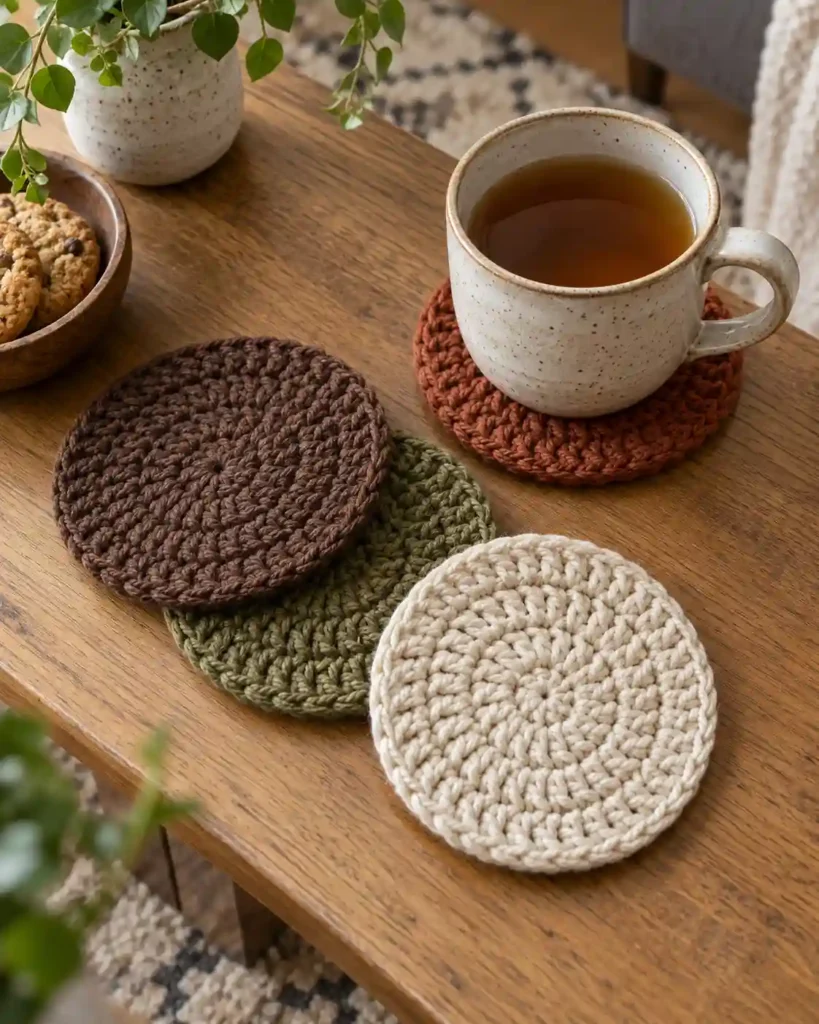 Four neat cotton crochet drink coasters arranged on a coffee table for grandpa