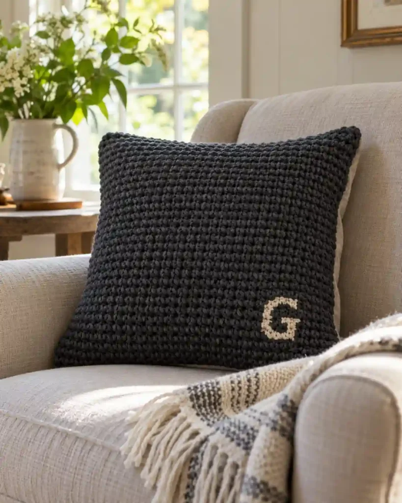Crochet cushion cover with a subtle initial resting on grandpa’s chair