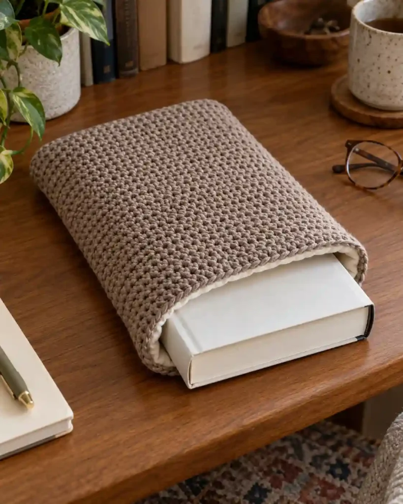 Protective lined crochet book sleeve holding grandpa’s favorite book
