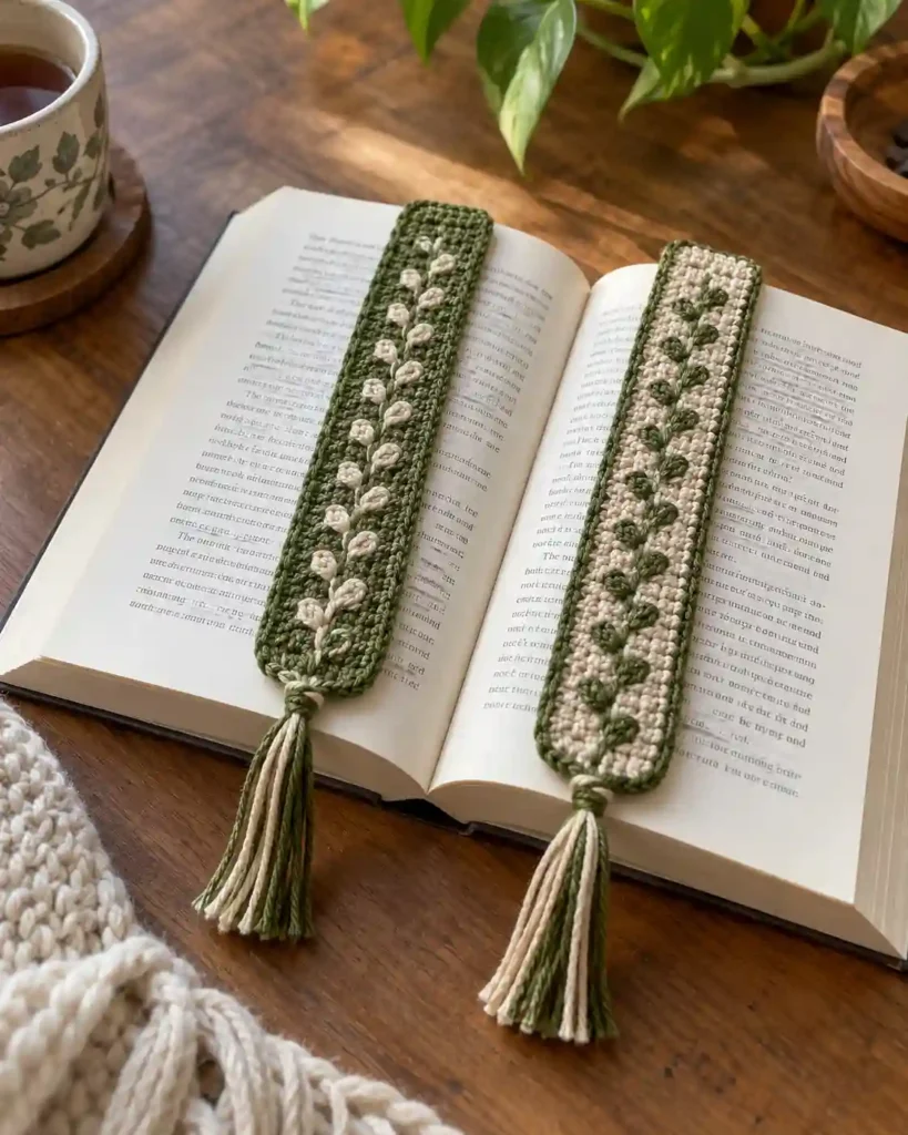 Two flat handmade crochet bookmarks inside a book for grandpa