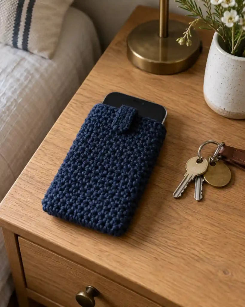 Easy-to-use crochet smartphone pouch made for grandpa