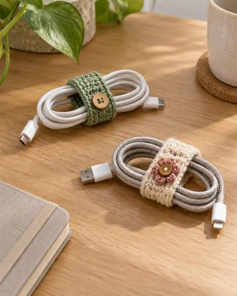 Small crochet cable wraps organizing charging cords for grandpa