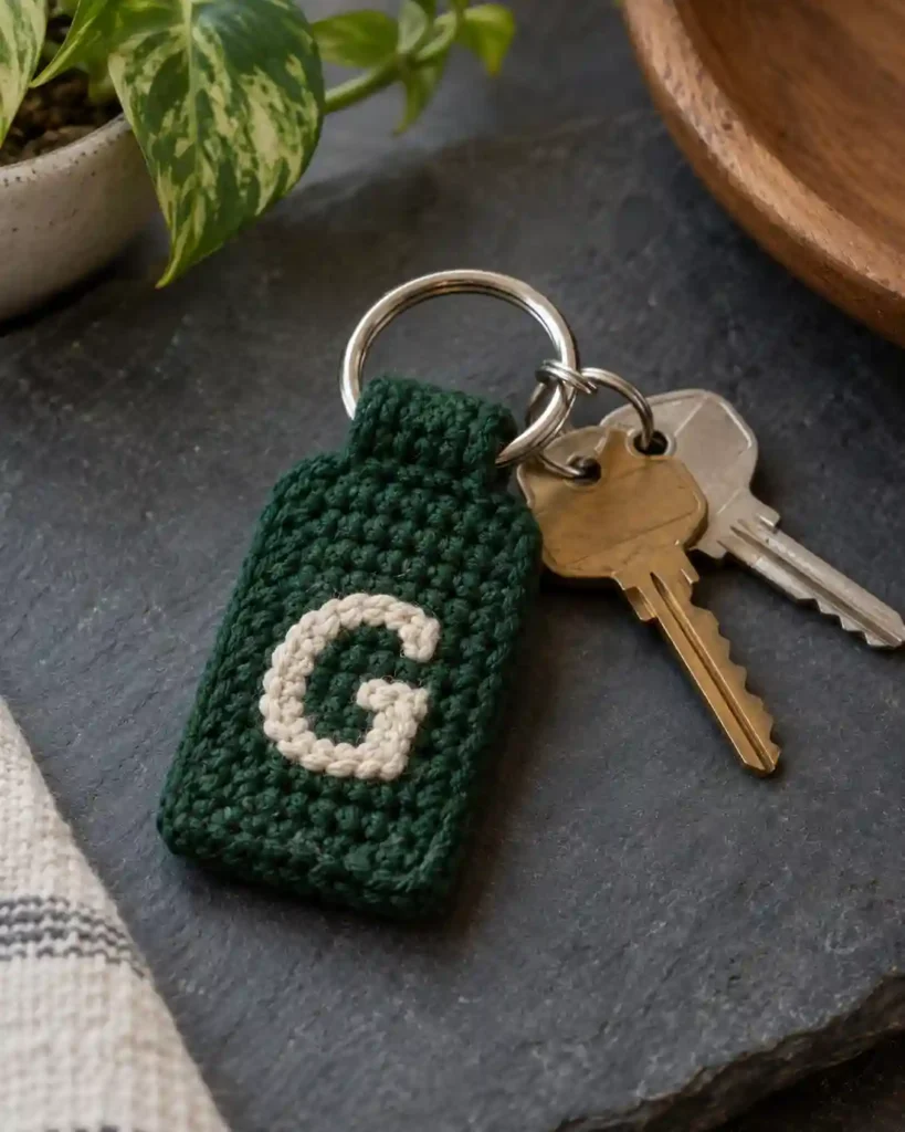 Personalized green crochet initial key fob with a keyring for grandpa