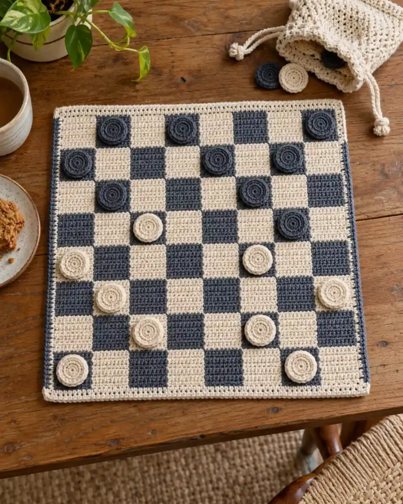 Playable crocheted checkers board with pieces for grandpa’s game nights