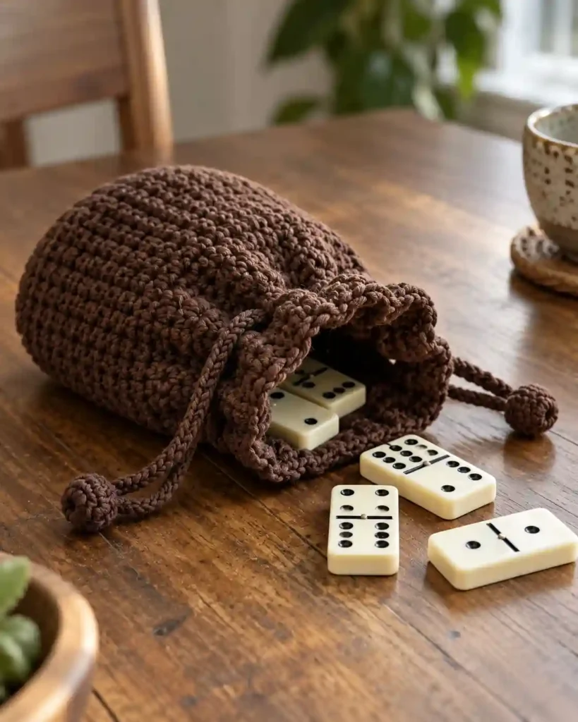 Crochet drawstring storage pouch containing grandpa’s dominoes
