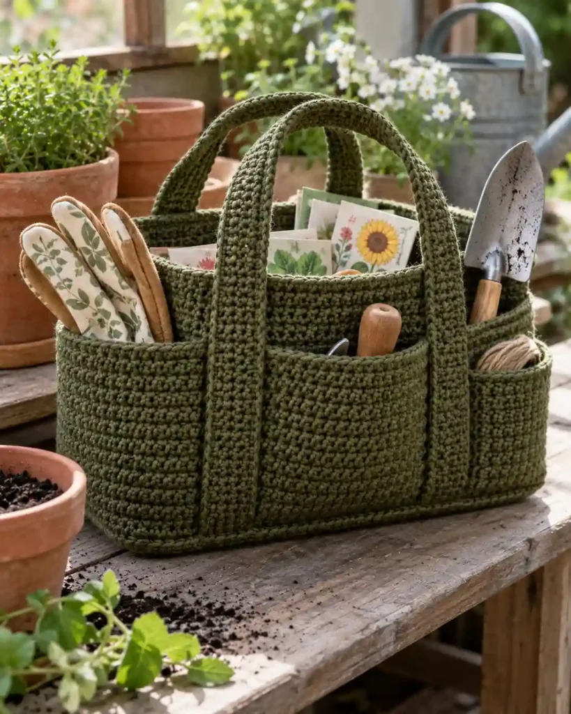 Reinforced crochet gardening supply caddy holding small tools and seed packets for grandpa