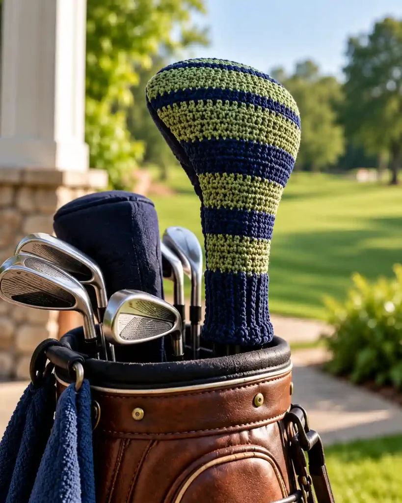 Striped crocheted golf club headcover fitted to a club as a gift for golfing grandpa