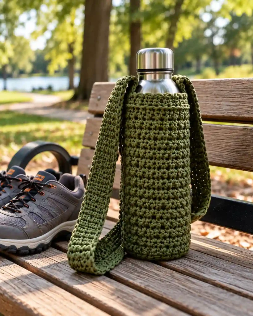 Functional crochet water bottle sling holding a reusable bottle as a practical grandpa gift