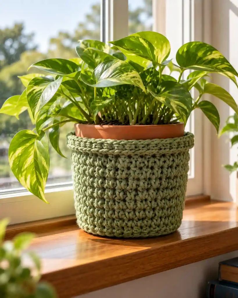 Crochet decorative houseplant pot cover for plant-loving grandpa