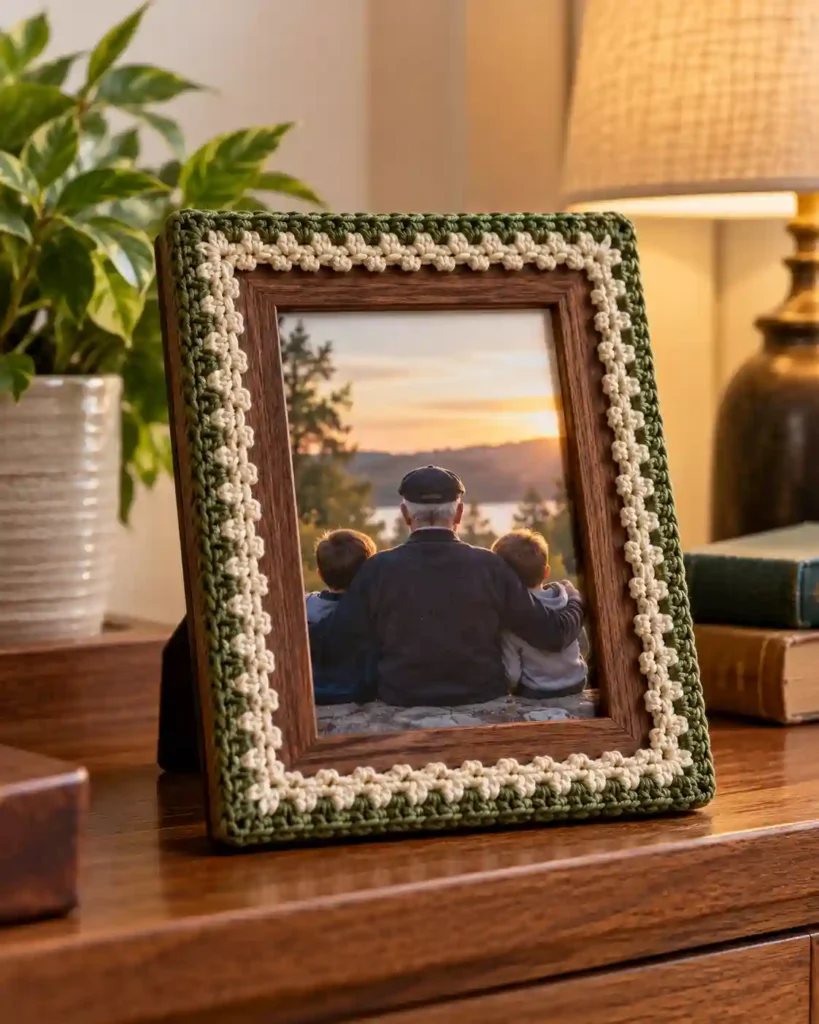 Handmade crochet-trimmed family photo frame as a personal gift for grandpa