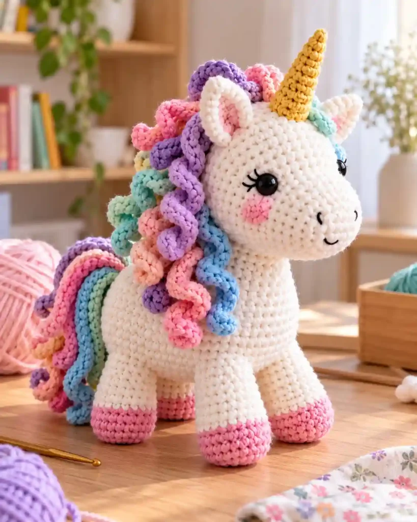Finished handmade crochet unicorn plush with visible crochet stitches