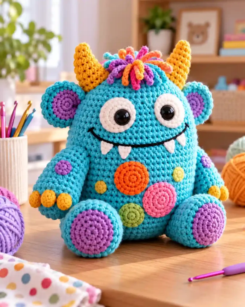 Finished handmade crochet monster plush with visible crochet stitches