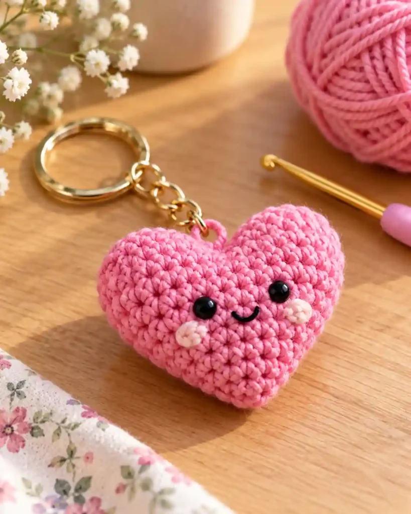 Finished handmade mini crochet heart keychain with visible crochet stitches