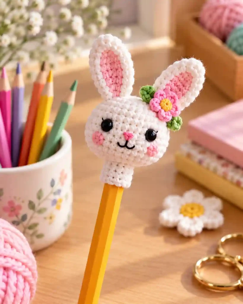 Finished handmade crochet pencil topper with visible crochet stitches