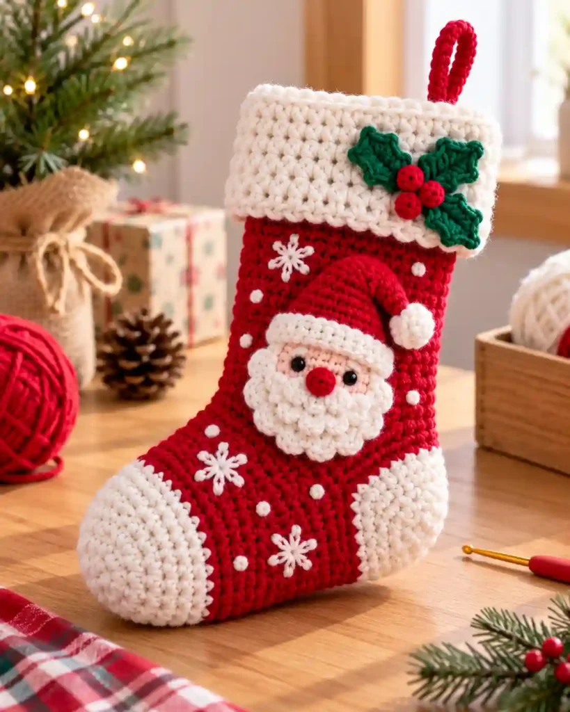 Finished handmade crochet christmas stocking with visible crochet stitches