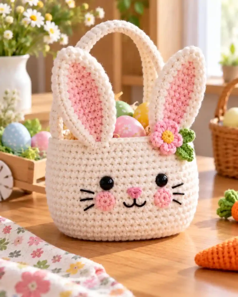 Finished handmade crochet easter bunny with visible crochet stitches