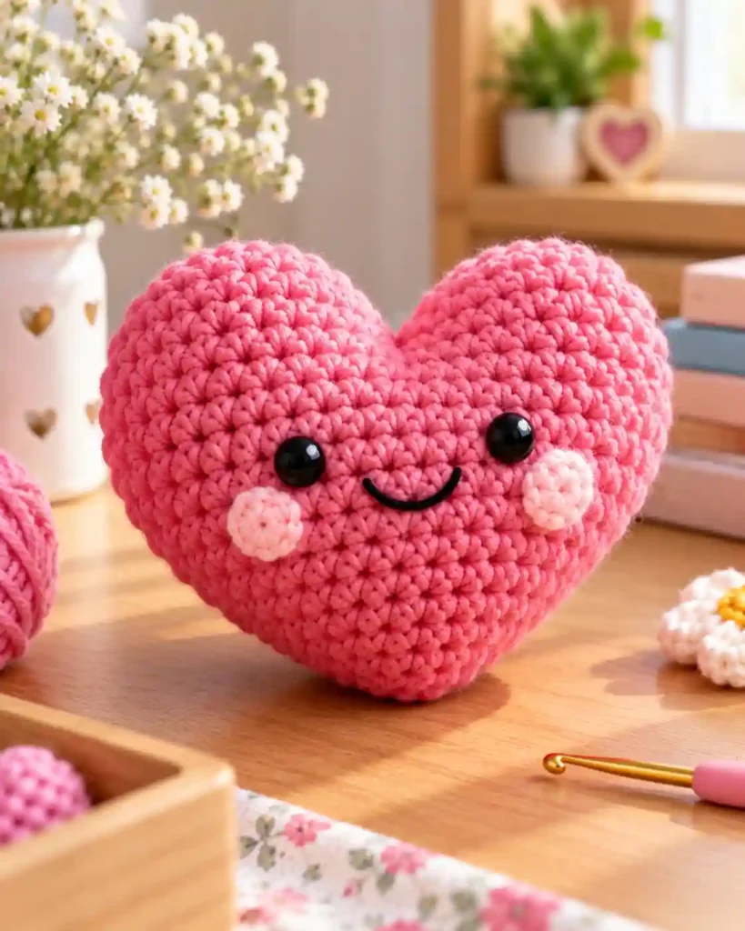 Finished handmade crochet heart plush with visible crochet stitches