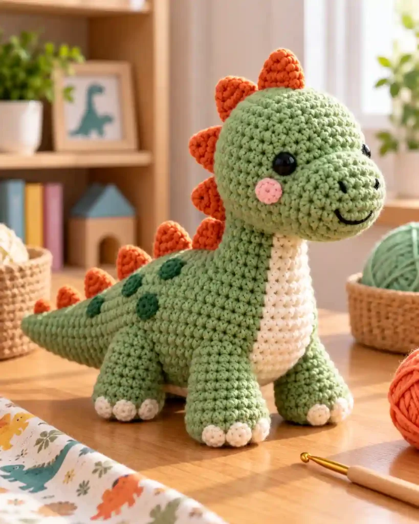 Finished handmade crochet dinosaur plush with visible crochet stitches