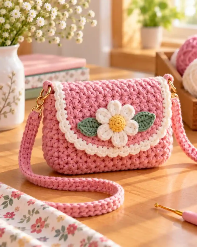 Finished handmade mini crochet crossbody purse with visible crochet stitches
