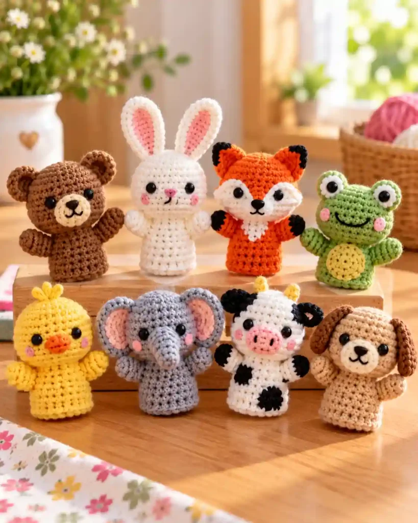 Finished handmade crochet finger puppets with visible crochet stitches