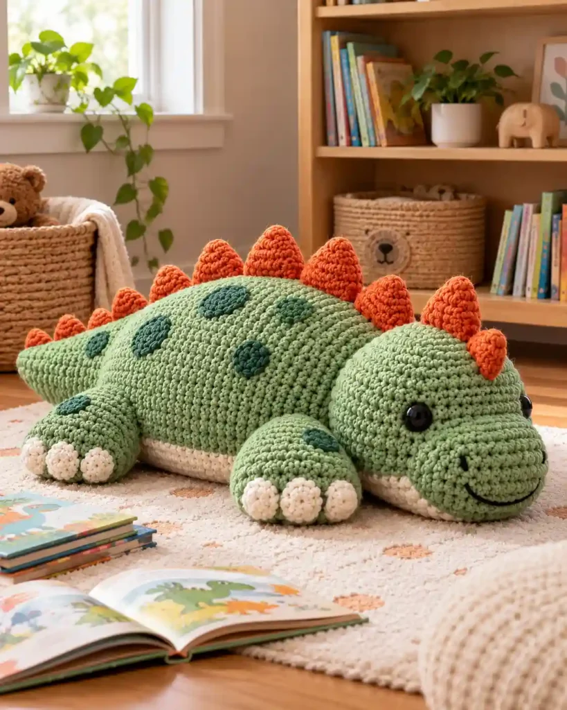 Finished handmade crochet dinosaur floor cushion for kids with visible crochet stitches