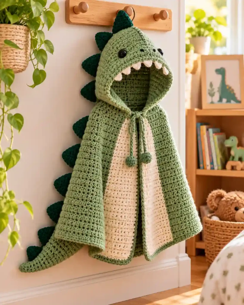 Finished handmade crochet hooded dinosaur cape for kids with visible crochet stitches