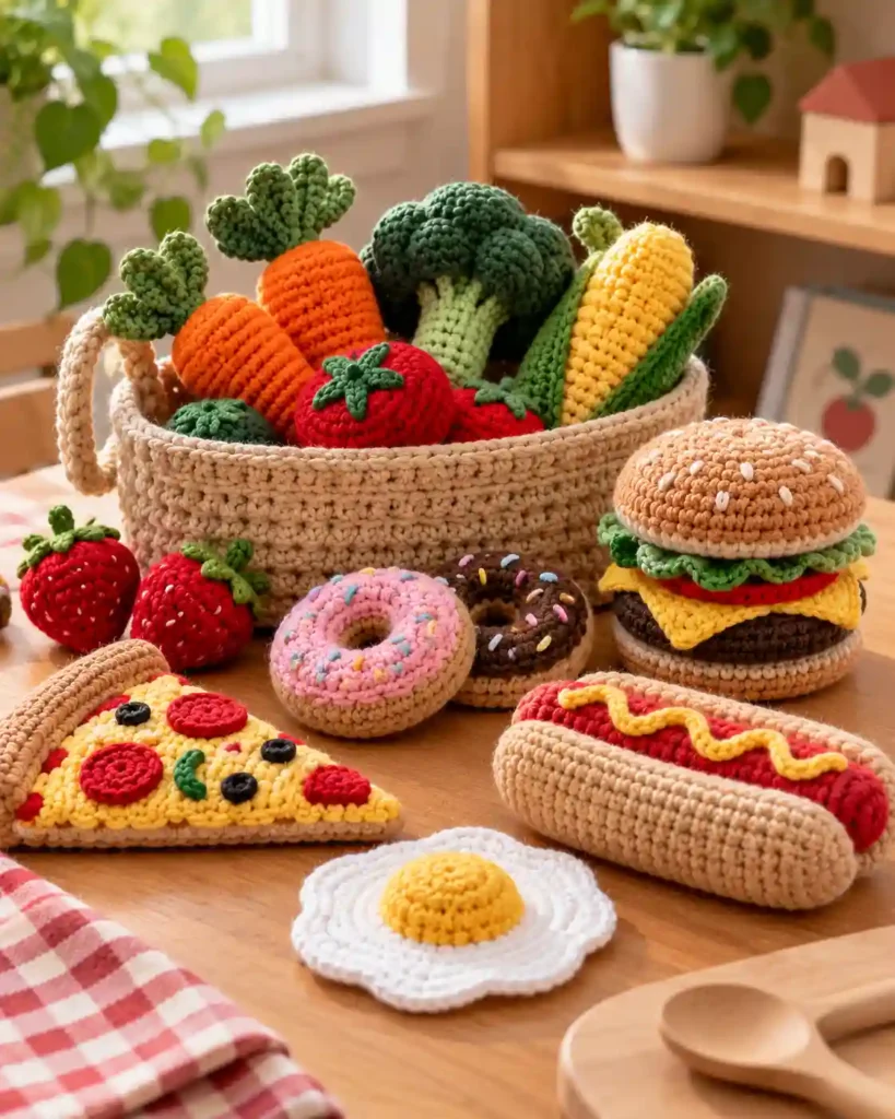 Finished handmade crochet play food set with visible crochet stitches