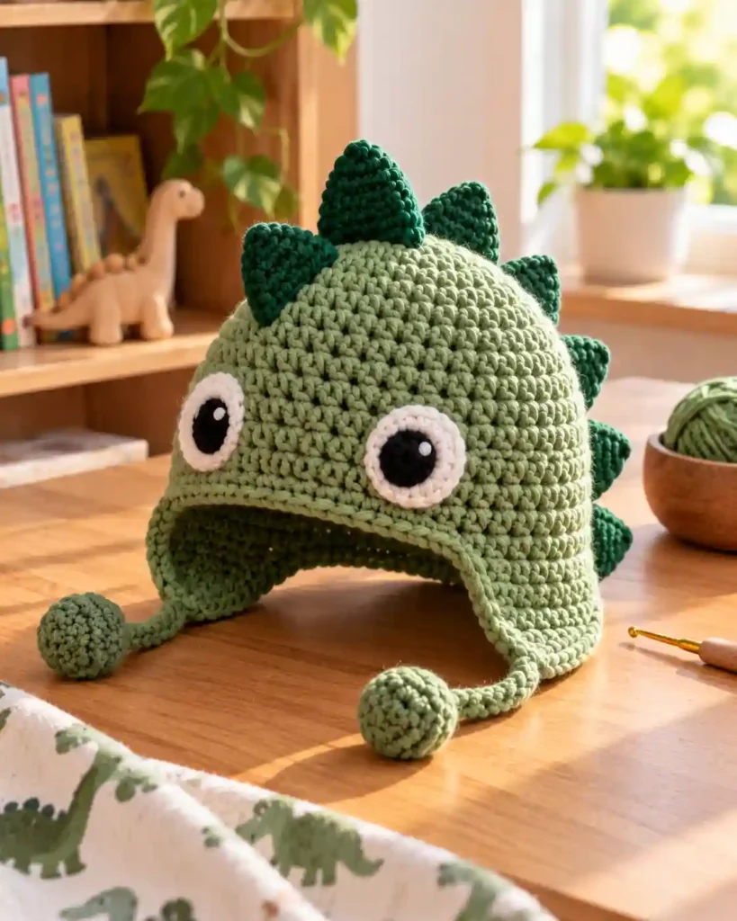 Finished handmade crochet dinosaur hat with visible crochet stitches