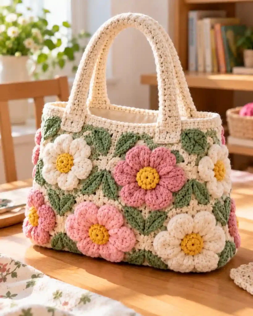 Finished handmade crochet flower bag with visible crochet stitches