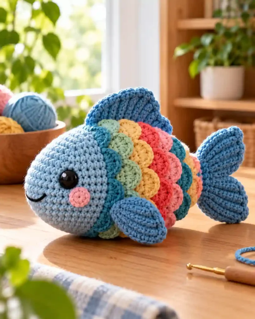 Finished handmade crochet fidget fish with visible crochet stitches