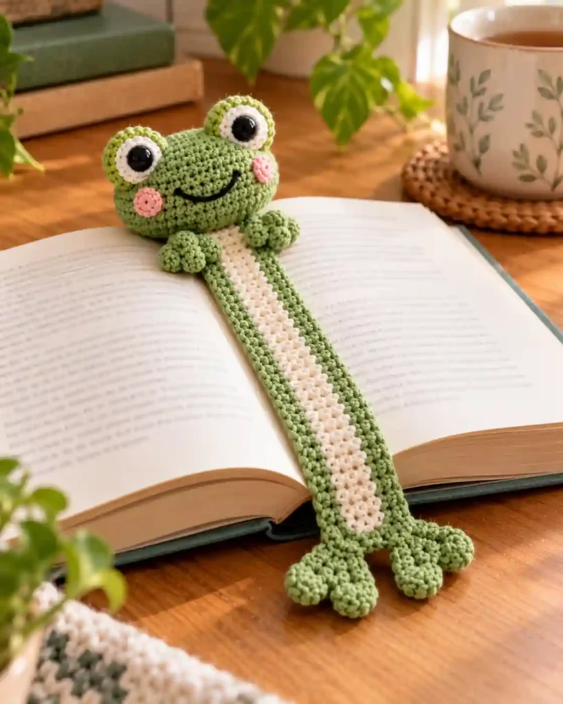 Finished handmade crochet animal bookmark with visible crochet stitches
