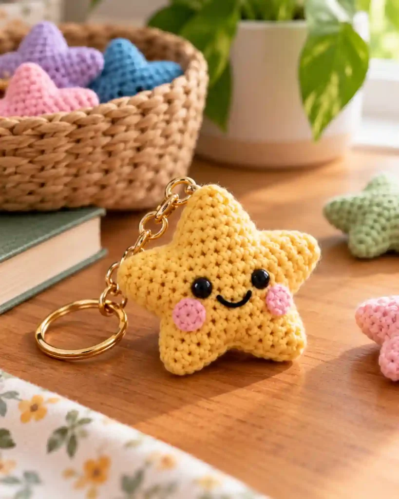 Finished handmade crochet mini star charm with visible crochet stitches