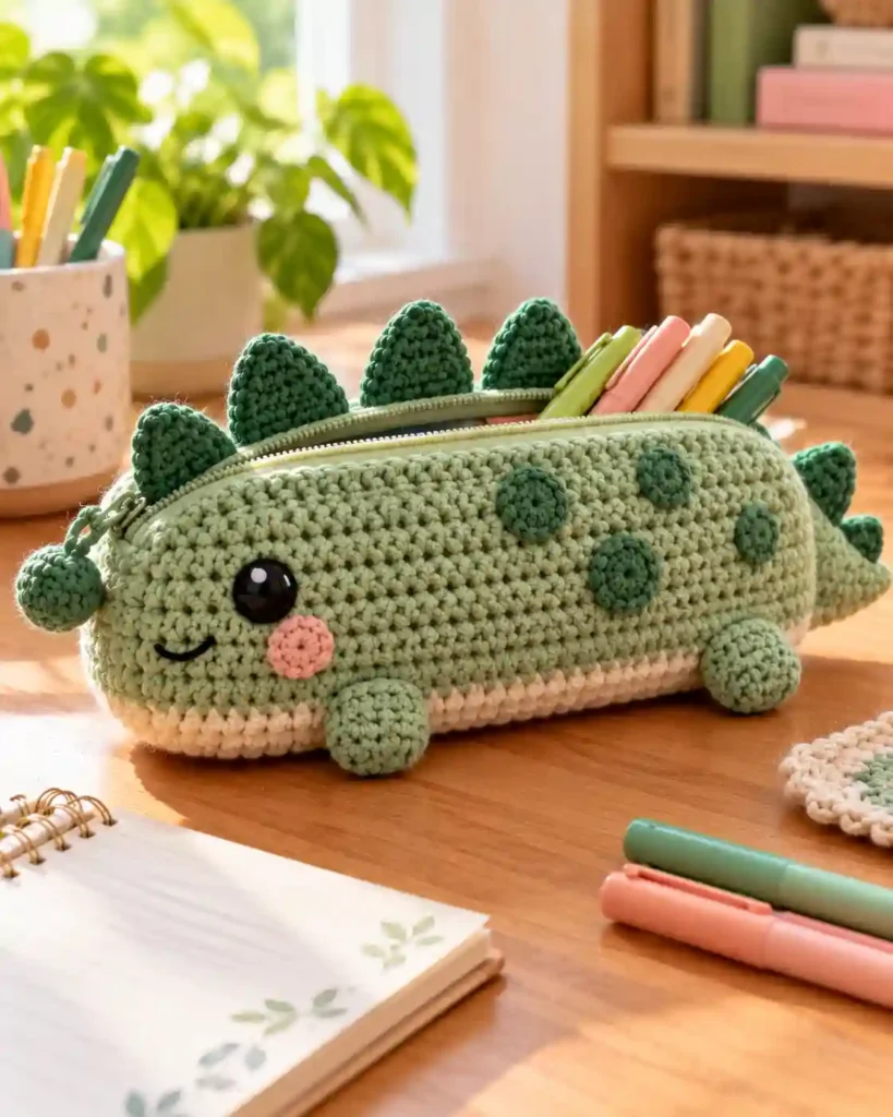 Finished handmade crochet pencil case with visible crochet stitches
