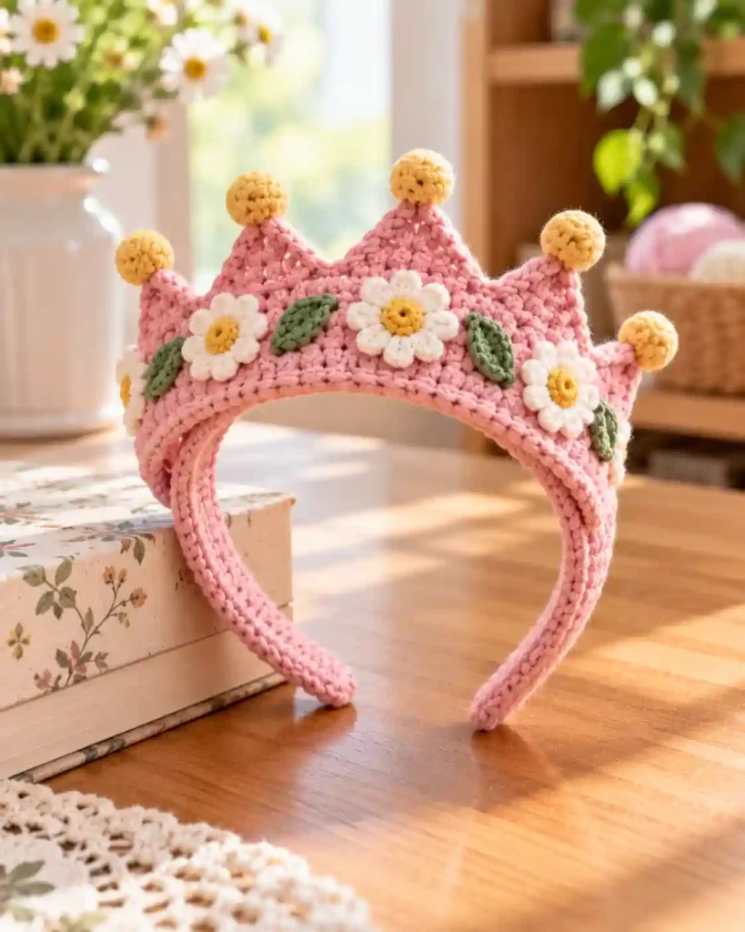 Finished handmade crochet crown headband with visible crochet stitches
