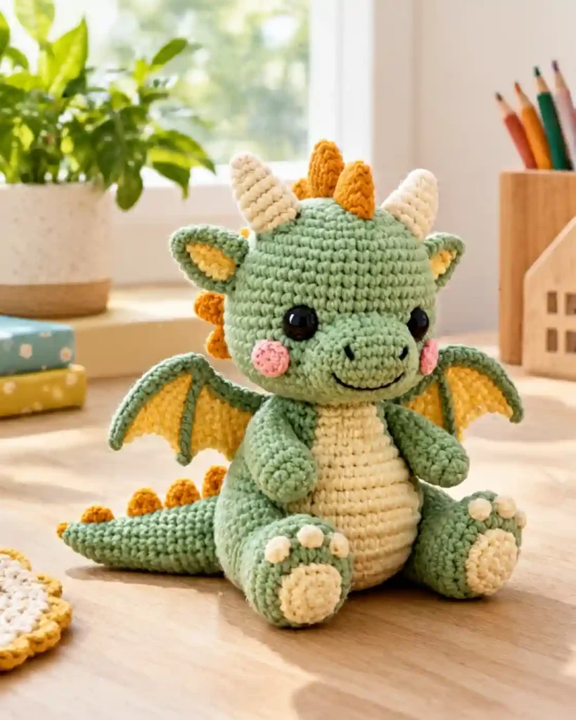 Finished handmade crochet dragon plush with visible crochet stitches