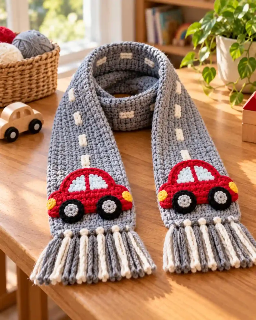 Finished handmade crochet car scarf with visible crochet stitches