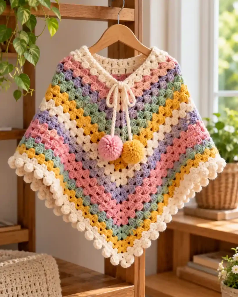 Finished handmade crochet poncho with visible crochet stitches