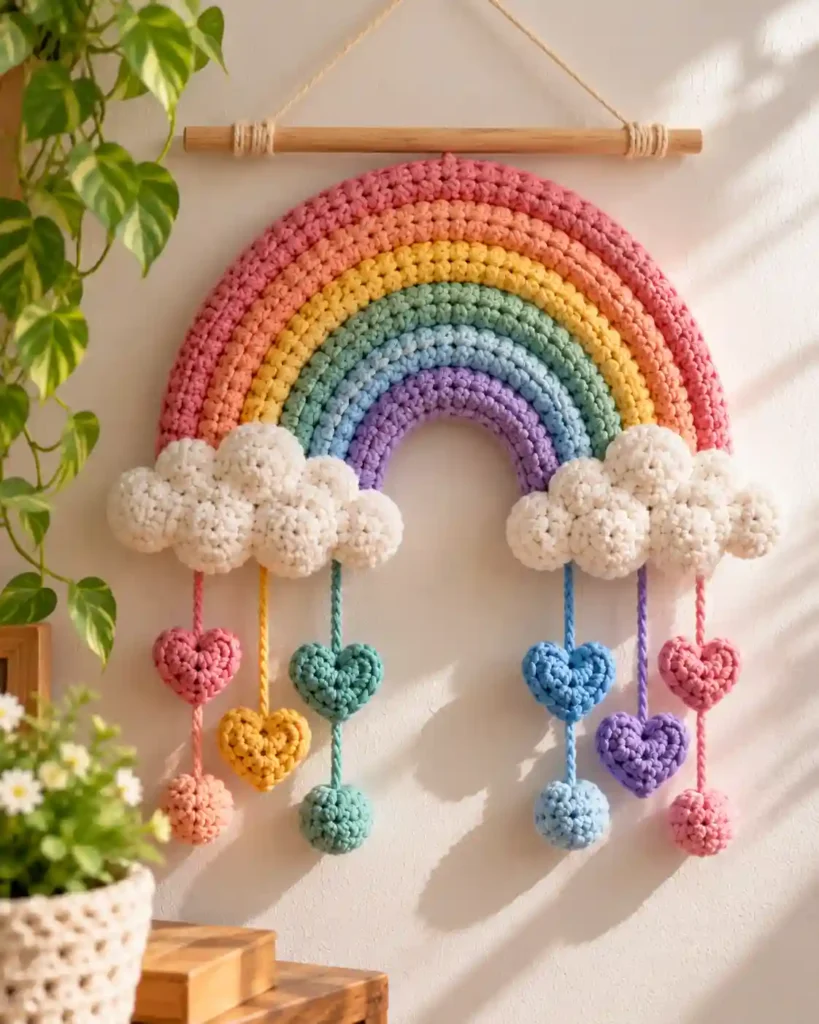 Finished handmade crochet rainbow wall hanging with visible crochet stitches