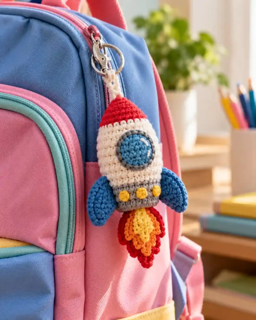 Finished handmade crochet rocket backpack charm with visible crochet stitches