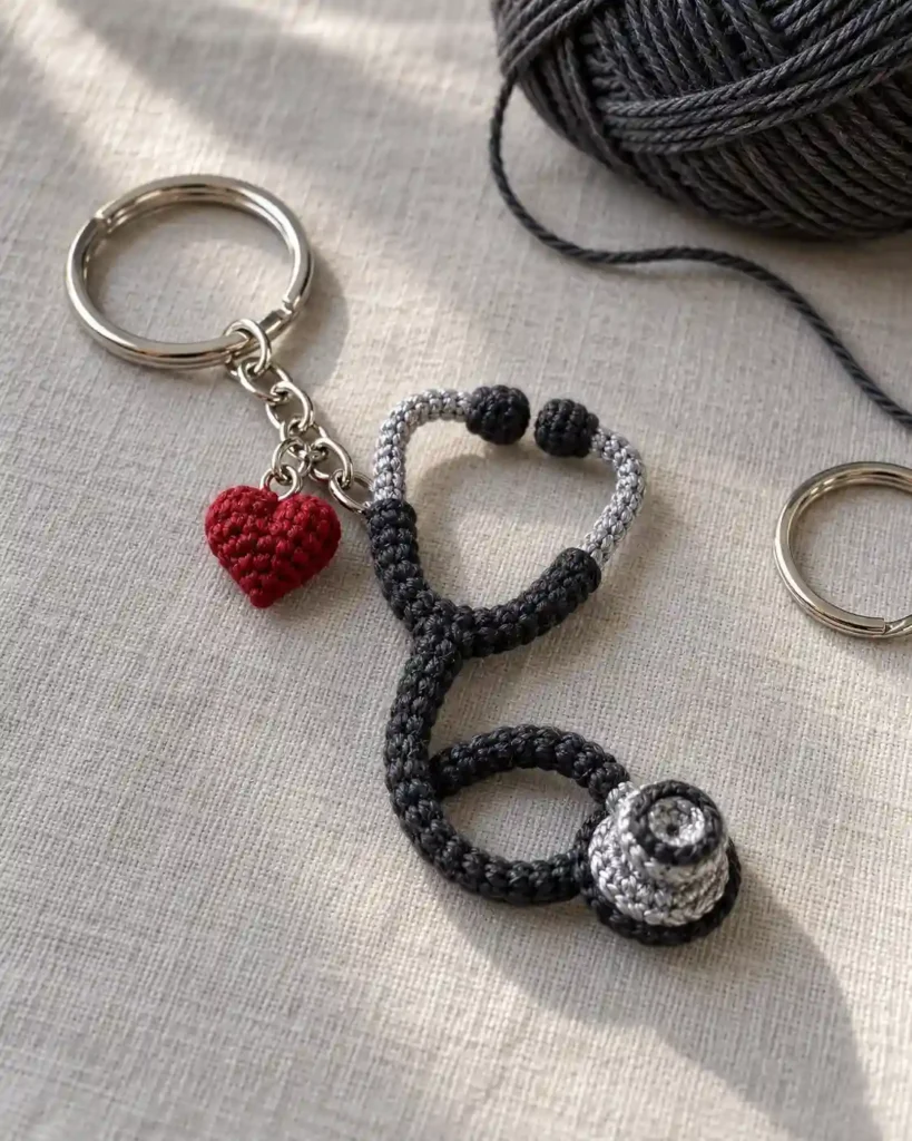 Landscape editorial photo of a charcoal-and-silver crocheted mini stethoscope charm with a tiny crimson heart on a brass-free keyring, displayed against pale slate linen; crochet stethoscope charm, realistic visible crochet stitch detail.